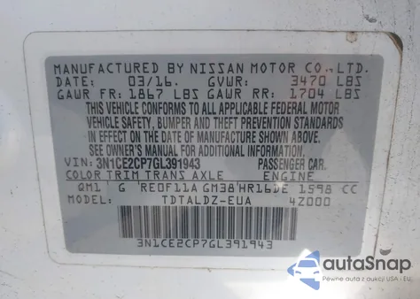 2016 Nissan Versa Note S (Sr)/S Plus/Sl/Sr/Sv z USA, uszkodzony, nr VIN 3N1CE2CP7GL391943